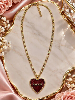 Gold-Filled Red AMOUR Heart Pendant Necklace 16” Adjustable